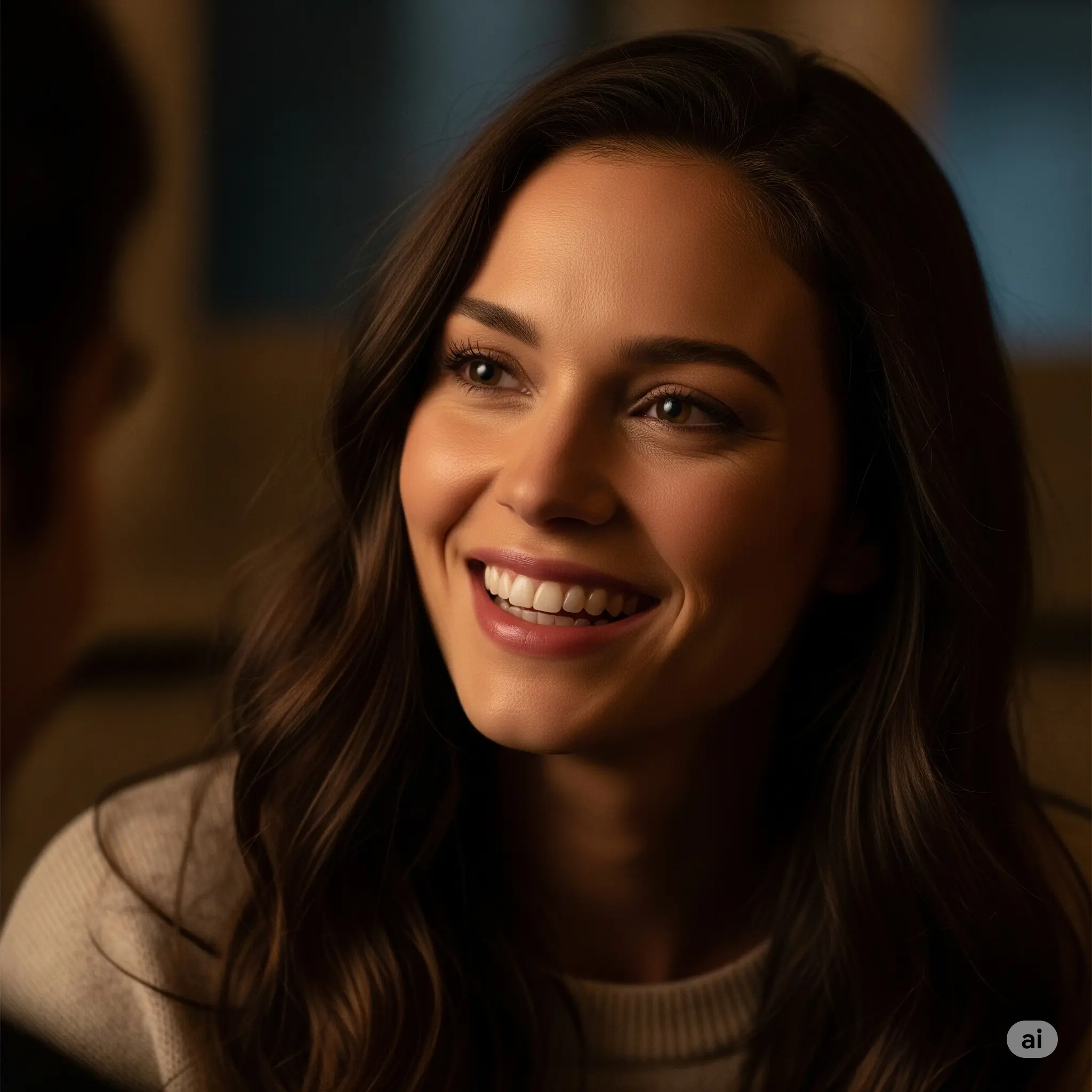 A Crush laughing genuinely during a conversation.
